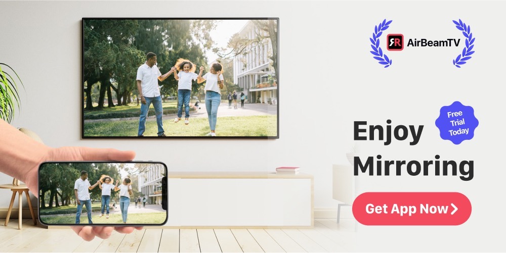 Promotional banner for AirBeamTV screen mirroring apps.