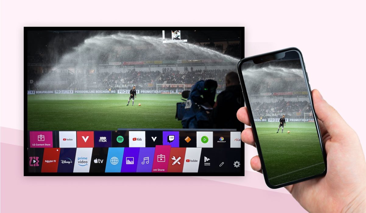 An iphone mirroring a football match to an LG TV